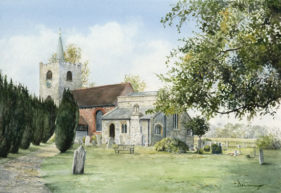 Pirbright Church Surrey - Watercolour Painting by David Drury - Surrey Artist