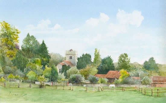 Send Church , Potters Lane View - Surrey Art Gallery - Prints of Water Colour Painting