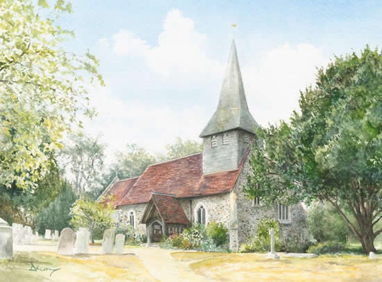 St Mary's Church Byfleet Watercolour Painting - Surrey Art Gallery