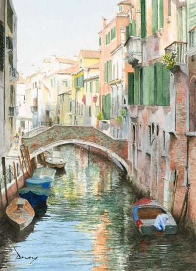 Venice Art Gallery - Painting of Bridge Over Canal - Fine Art Prints of Watercolour Painting