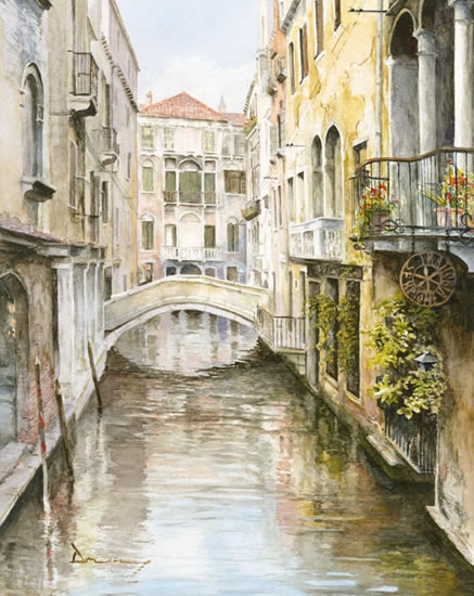 Venice waterway - Canal & Bridge - Fine Art Prints of Watercolour Painting