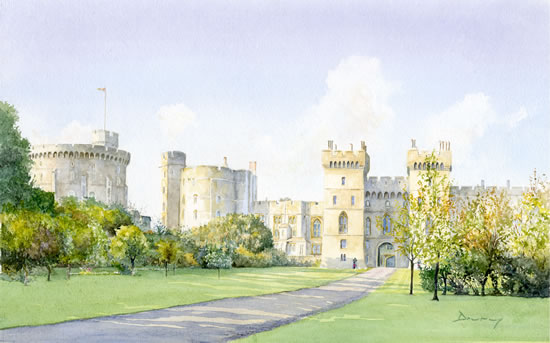 WINDSOR CASTLE ROYAL PALACE, WINDSOR, BERKSHIRE - OFFICIAL RESIDENCE OF HER MAJESTY QUEEN ELIZABETH 2ND - Watercolour Painting by Woking Surrey Artist Drury